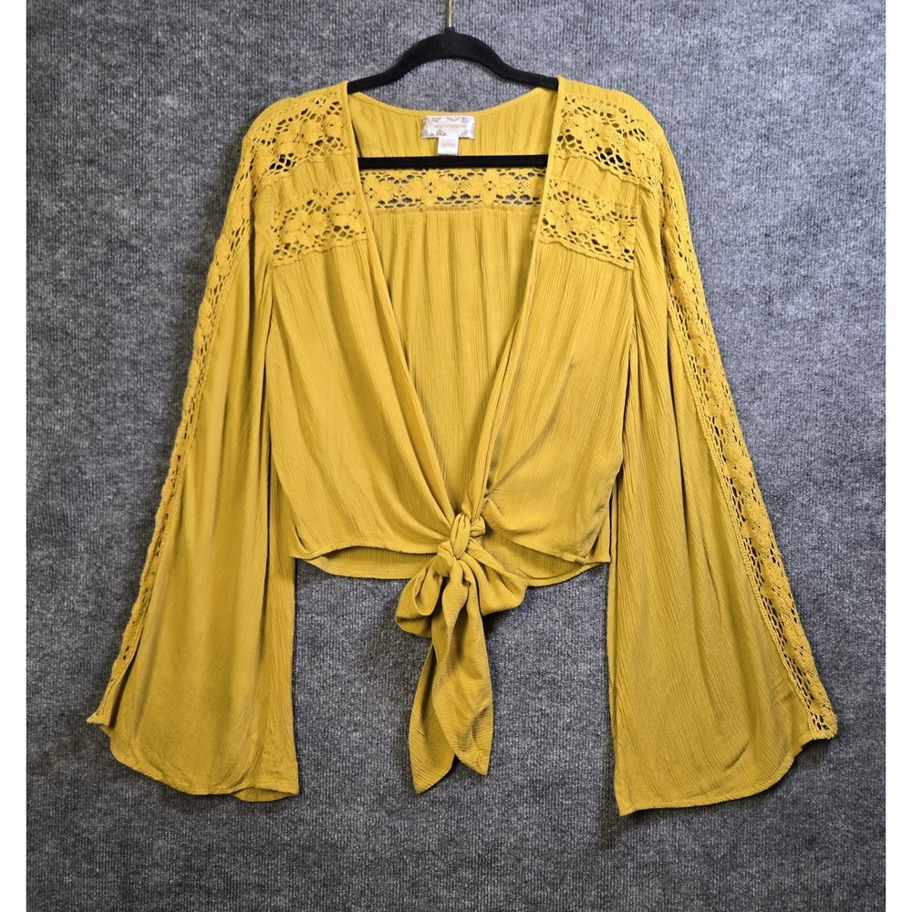 Band of Gypsies Top Womens L Goldenrod Tie Front Crochet Flare Sleeve Indie